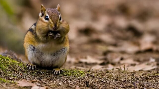 Curious Chipmunk Gathers Food in a Sun-Drenched Forest While Autumn Leaves Cover the Ground Dusted With Morning Dew Generative AI