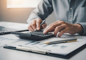 Person using a calculator and pen on a desk with financial papers