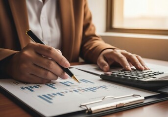 Person using a calculator and pen on a document with charts