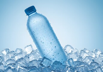 Modern product photography plastic water bottle with water droplets, cool blue ambiance for refreshing beverage advertising