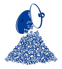 Brass cymbals musical instrument on top of mountain made of notes and musical symbols piled up in big heap. Musical notes big pile. Vector banner for advertising of music opera