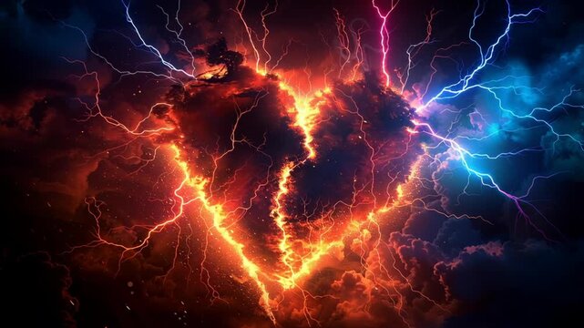 Heart Shaped Cloud Crackles with Vibrant Lightning, Creating Dramatic and Intense Visual Effect with Fiery Reds and Electric Blues in Stormy Sky