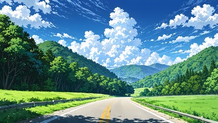 Anime style scenic mountain road winding through lush green forest under bright blue sky with dramatic clouds