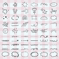Doodle set with clouds, stars, arrows, and flowers. Playful doodles include clouds, arrows, and stars. Fun doodles with clouds, flowers, and arrows. Hand drawn social media icons, vector set.