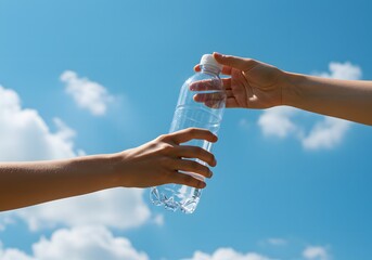 Bright natural photo of water bottle with hand exchange, outdoor wellness theme for hydration promotion