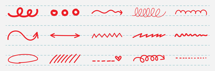 Red doodles on lined paper, featuring squiggles, arrows, and circles. Playful red squiggles and arrows. Red circles and doodles on lined paper. Colorful doodle elements, vector set.