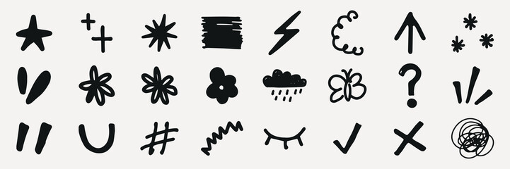 A collection of hand-drawn doodles including stars, arrows, flowers, and symbols. Playful doodles, expressive symbols, and creative sketches in black ink. Black hand drawn elements, vector set.