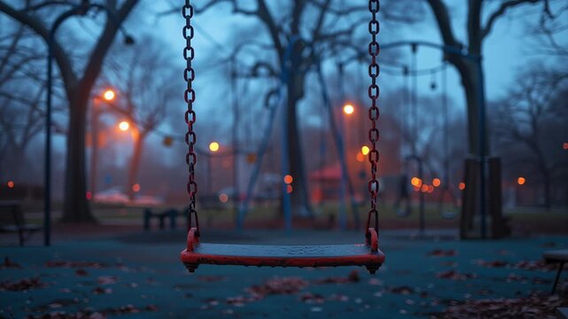 Empty Playground at Twilight Serene Atmosphere with Swing, Blurred Lights, and Bare Trees Surrounded by Glowing Streetlights