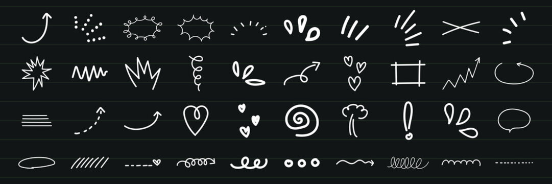 Chalkboard doodles with arrows, hearts, and swirls. Hand-drawn arrows, hearts, and swirls. Creative chalkboard doodles featuring arrows, hearts, and swirls. White doodle elements, vector set.