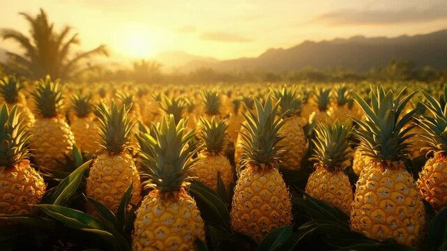 Sunset over abundant pineapple field in tropical landscape