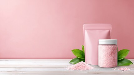 Pink Pouch and Bath Salt Jar – Minimal Spa Scene with Leaf and Granules – Gradient Pink Copy Space