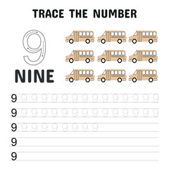 Engaging number tracing worksheet for kids featuring the number 9 and nine beige school buses. Supports counting and handwriting development in early learners.