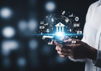 Person using smartphone with glowing financial icons overlay