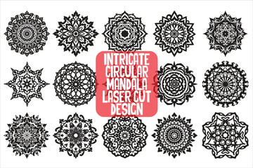 Intricate Circular Mandala Laser Cut Design features a stunning blend of floral and geometric symmetry, rendered in a precise black vector 