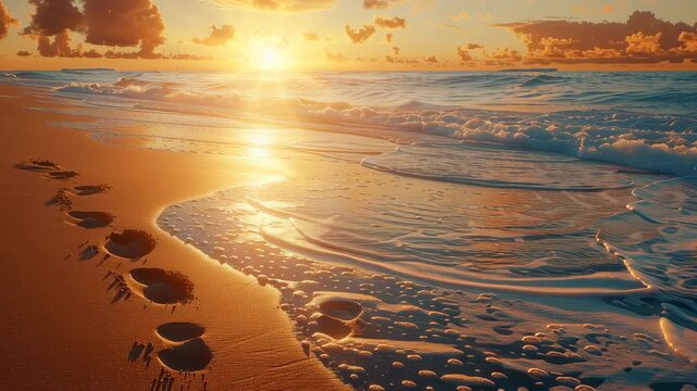 Serene and Tranquil Beach Footprints in Sand Lead to Ocean Waves at Sunset Creating Golden Scene