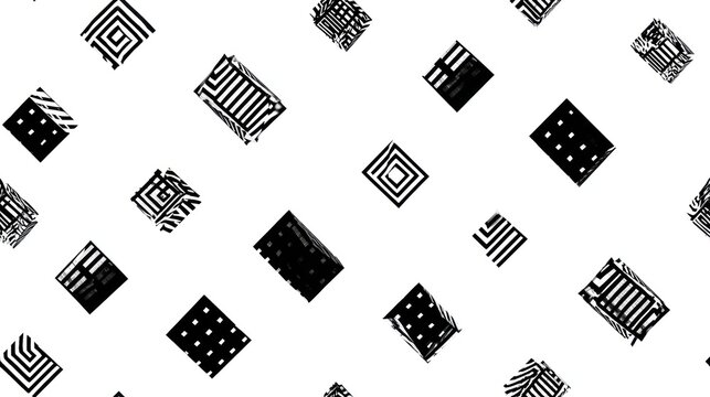 Abstract squares with various patterns scattered on a white background in random orientations