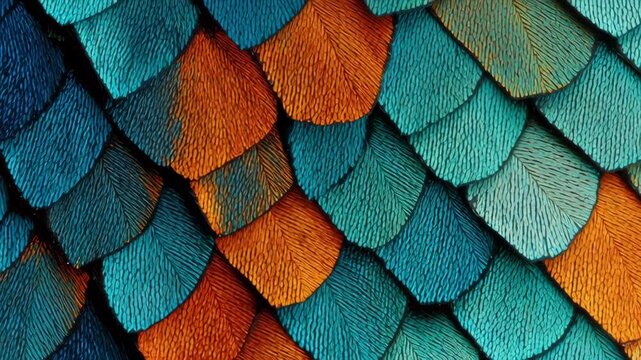 Colorful Close Up of Butterfly Wing Scales in Symmetrical Mosaic Pattern Showcasing Intricate Textures and Vibrant Colors