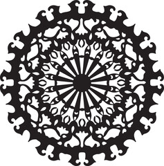 Intricate Circular Mandala Laser Cut Design features a stunning blend of floral and geometric symmetry, rendered in a precise black vector 