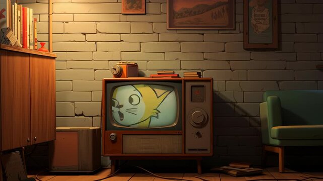 Cozy Corner of Room with Vintage Television Displaying Cartoon Cat, Surrounded by Warm Lighting and Retro Decor, Creating Nostalgic Atmosphere