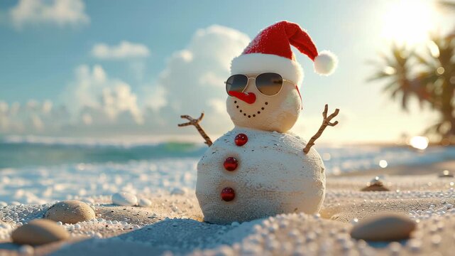 Cheerful Sand Snowman Wearing Sunglasses and Santa Hat on Sunny Beach Evokes Playful Holiday Spirit and Festive Tropical Vibe