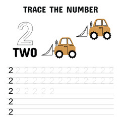 Educational number tracing worksheet for kids showing the number 2 with two yellow bulldozers, helping children practice writing and early counting skills.Web