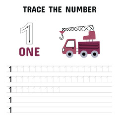 Number tracing worksheet for kids featuring the number 1 with a red crane truck illustration, helping children learn to count and write through engaging visual support.