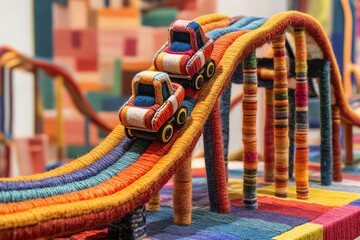 Colorful Yarn Toy Train on Rainbow Carpeted Track in Children's Playroom