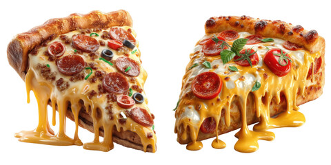Pizza Perfection: Two delectable slices of pizza, oozing with melted cheese and adorned with flavorful toppings, offer a tantalizing glimpse of culinary delight.