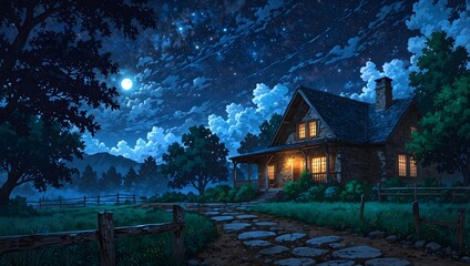 Anime style cozy stone cottage under magical starry night sky with glowing windows and moonlit landscape