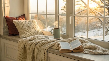Cozy window seat with book and blanket on a snowy day