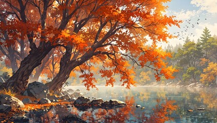 Lush anime style autumn riverside scene with orange maple trees and tranquil reflective water