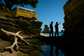  In New Zealand, a mustard van rests on Cathedral Cove cliffs as silhouetted explorers study volcanic rock  tide pools mirror the bright sky. © hendro