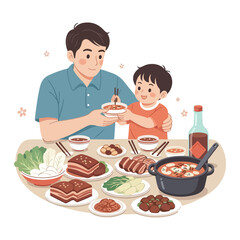 Taiwan father's day, father and son eating together. Vector flat design cartoon. AI generated images.