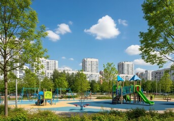 Fototapeta premium Sunny playground with slides swings and a seesaw next to apartment buildings