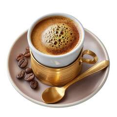 Obraz premium A warm cup of coffee with a silver spoon resting beside it, perfectly capturing the essence of morning rituals and cozy coffee moments