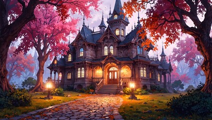 Magical anime style gothic mansion surrounded by vibrant autumn trees and glowing lantern pathway