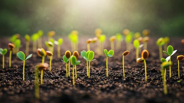 A Close-Up View of Growing Seedlings in Rich Soil Under Sunlight, Highlighting the Early Stages of Plant Development and the Beauty of Nature's Renewal.