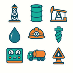 Oil industry icons depict drilling, transport, and safety for energy sectors