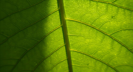 Close-up view of a vibrant green leaf's intricate vein structure.