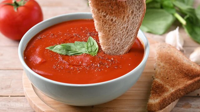 Homemade Tomato Soup with Basil on wooden table