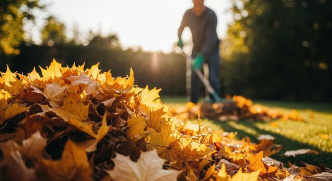 Close-up of autumn leaves in garden with person raking in background during sunny fall afternoon.