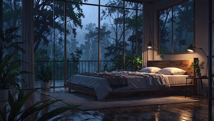 Tranquil anime style bedroom with large windows overlooking rainy forest and lightning at night