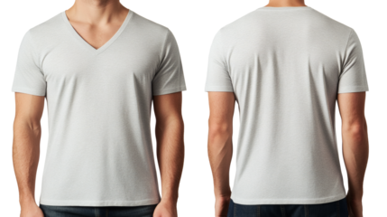 Man wearing a light gray v-neck t-shirt shown front and back, casual attire, studio shot with transparent background for easy customization