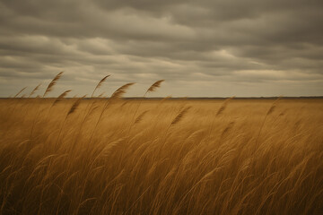 Golden reed field swaying under dramatic cloudy sky at dusk
