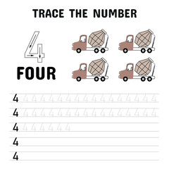 Educational number tracing worksheet with the number 4 and four concrete mixer trucks, ideal for teaching counting and handwriting skills to young children.