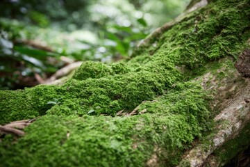 Lush green moss covers a tree trunk in a forest