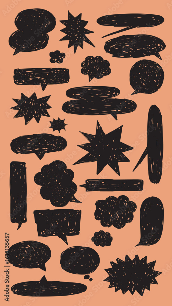 Poster a collection of speech bubbles and starbursts on a peach background. various shapes and sizes, perfe