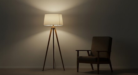 Minimalist interior design concept with a warm glowing tripod floor lamp illuminating an empty armchair in a dark, quiet room.