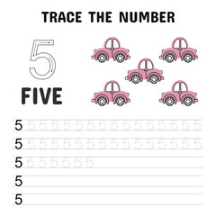 Number tracing worksheet featuring the number 5 and five pink cars. Perfect for helping kids practice writing numbers and counting objects in a fun, visual way.