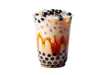 Caramel-flavored bubble tea in a clear plastic cup.